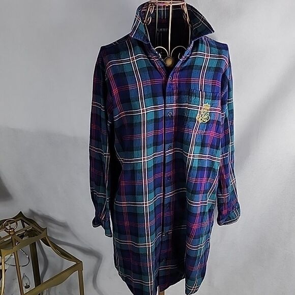 Ralph Lauren Plaid Flannel Night Shirt with embroidered R L crown - Picture 4 of 8